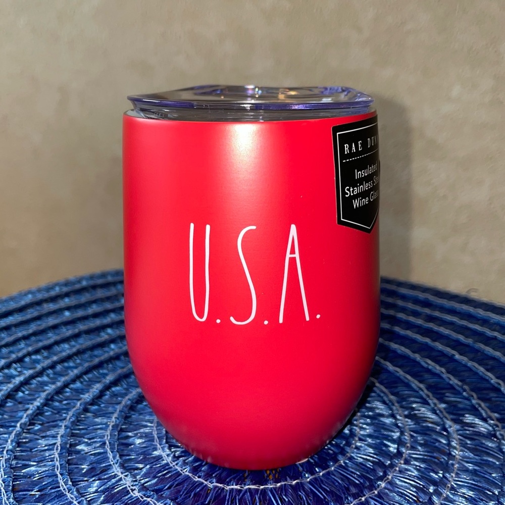 Rae Dunn USA Insulated Stainless Steel RED Wine Glass with Lid NEW!!